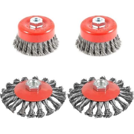 4pcs Brosse Métallique Nettoyage, Brosse Conique pour Meuleuse d'angle, Brosse de Ponçage en acier Torsadé, Diamètre de 75 mm et 100 mm, M14 (1/5)