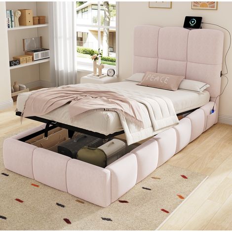 Lit enfant 90/200 cm rose en velours avec rangement hydraulique et port USB (1/5)