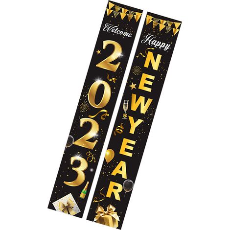 Guirlande de porte « Bienvenue 2023 », couplet « Bonne année », bannière « Bonne année » noire et or, décoration intérieure, tissu polyester 100D (style 1) (1/5)