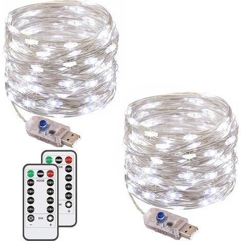 Juego de 2 guirnaldas de luces, 6000 LED, 60 m, 8 modos, USB, resistentes al agua, de cobre, con mando a distancia y temporizador (luz blanca).