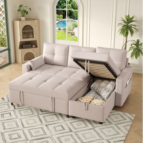 Sofa Schlafsofa Ausziehbar Stauraum Beige OKMYHOME (1/5)