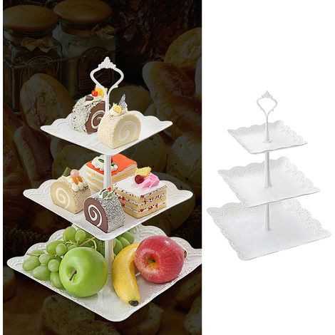 Plateau de service blanc en plastique à 3 étages, présentoir à cupcakes à 3 étages, plateau à fruits carré à 3 étages (1/5)