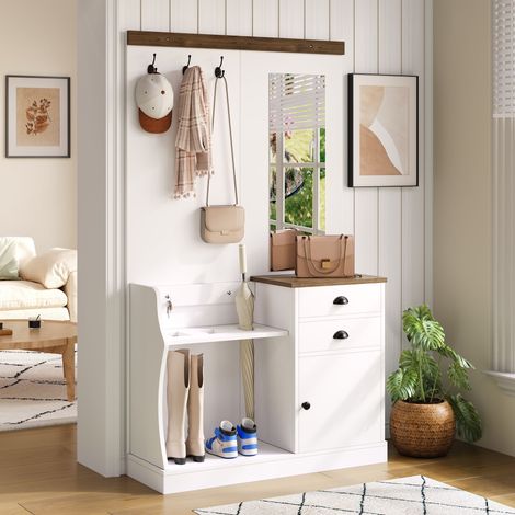 DESMIU Ensemble de meubles d'entrée avec miroir, 2 tiroirs, porte, crochets et porte-parapluies en panneau de particules blanc (1/5)