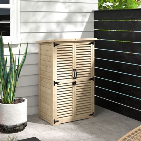 Armoire de rangement extérieure avec 2 étagères et patères. En bois de sapin. 75 x 50 x 111/118 cm.