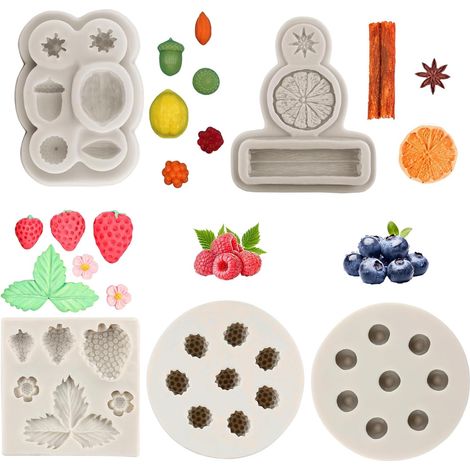 Lot de 5 moules silicone pâtisserie 3D : myrtille, framboise, fraise, litchi. Idéal gâteaux, cupcakes, chocolat. (1/5)