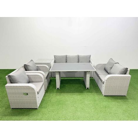 Fimous 7 Seater Garden Furniture Set PE Ratten Garden Sofa Set with Rectangular Dining Table Side Table Light Grey (1/4)