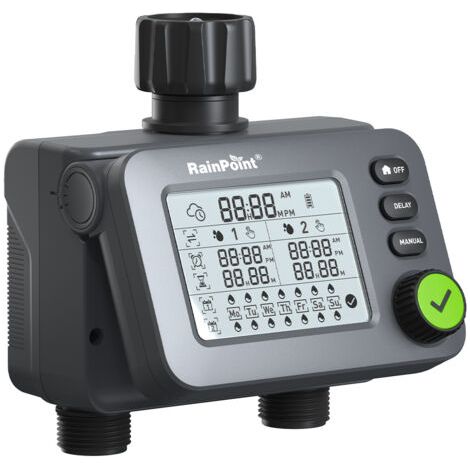 Programmateur d'arrosage numérique 2 sorties – Minuterie programmable avec retard de pluie – Pression maximale 116 psi – Débit 5 à 35 l/min