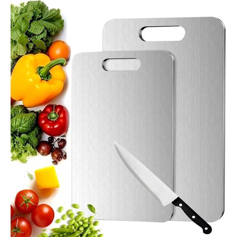 Lot de 2 planches à découper en acier inoxydable 34 x 23 cm et 25 x 15 cm compatibles lave vaisselle et conçues pour la préparation des aliments fruits légumes viande et autres ingrédients en cuisine (1/3)