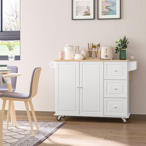 Isla de Cocina con Ruedas Carrito de Servicio con Encimera Extensible Cajones Barra y Especiero 128,8x75,5x92,5 cm Blanco (1/5)