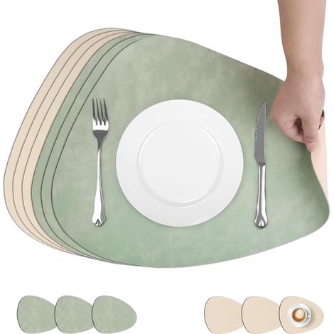 Juego de 6 manteles individuales + posavasos de doble cara, 33x42 cm, piel antideslizante e impermeable, verde/blanco, decoración de mesa. (1/5)