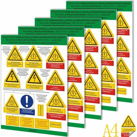 Kit 65 étiquettes adhésives Signalisation Photovoltaïque avec stockage AVEC BATTERIE ou SANS, raccordé au réseau ou non, Autoconsommation pour être conforme (1/5)