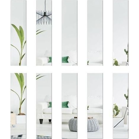 Lot de 10 miroirs en verre - 5 x 20 cm chacun - Carreaux de miroir - Décoration murale - Autocollants rectangulaires - Effet 3D - Miroir mural autocollant - Bricolage sans cadre - Argenté (1/5)