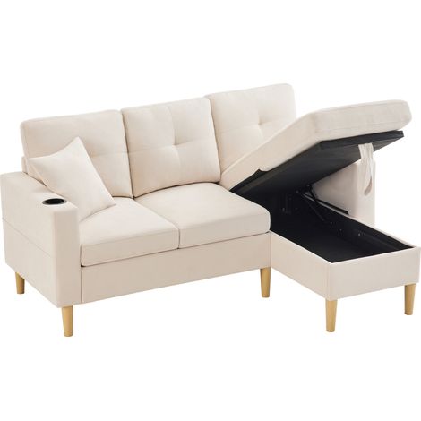 ELVMI Divano ad Angolo con Chaise Longue Reversibile, Contenitore, Portabicchieri e 2 Cuscini, in Cotone e Lino, Beige (1/4)