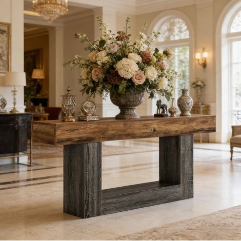 Mesa consola, diseño de dos tonos, estante inferior, base en U, MDF, gris y marrón rústico (1/5)