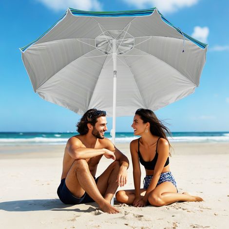 Parasol de Plage avec Porte-Gobelet Parasol de Jardin Inclinable 220cm Protection Solaire UPF50+ avec Pied d'ancrage à Visser Bleu-Vert (1/3)