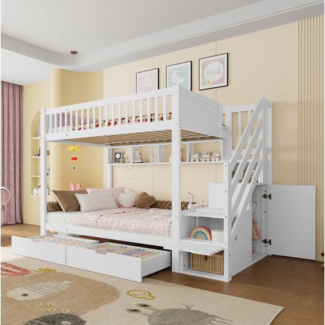 Lit superposé enfant 90x200 cm blanc en pin et MDF avec escalier de rangement et armoire (1/5)