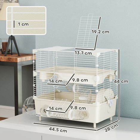 Cage pour hamsters a 2 niveaux et 3 portes avec roue et tubes acier PS et PP 44,5x28x44 cm creme et blanc (1/5)