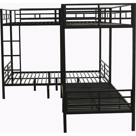 Litera de hierro negro 90x200 cm y 140x200 cm, escalera de 3 peldaños, somier de láminas estable (1/5)