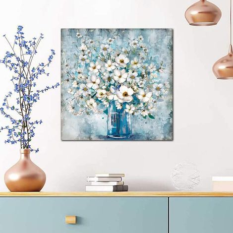 Déco murale toile imprimée 30x30cm sans cadre, vase bleu fleur blanche, tableau canvas pour salon salle à manger salle de bain, peinture intérieure à suspendre, art mural moderne (1/5)