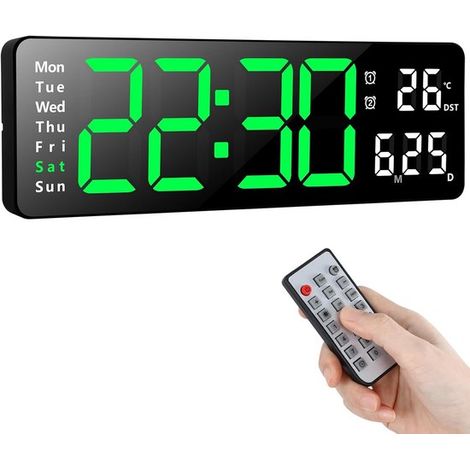 Horloge murale numérique LED – 13 pouces – Écran large – Heure, date, température – Télécommande – Design moderne (1/5)