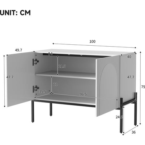 Buffet à deux portes avec pieds en métal, commode au design épuré et moderne, style minimaliste, blanc, dimensions : L 100 cm / H 75 cm / P 40 cm (1/5)