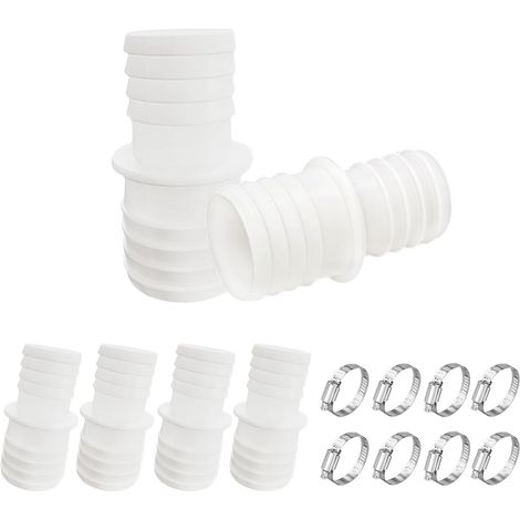 Juego de 4 conectores para manguera de piscina de 32 mm o 38 mm - Con abrazaderas de acero inoxidable - Doble extremo de plástico para conexión a bomba y válvula de cierre (1/5)