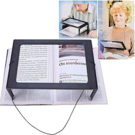 Loupe de lecture, Loupe avec lumière LED, Loupe rectangulaire mains libres avec grossissement 3x, 4 lampes LED et pieds dépliants - A4 Pleine Page Loupe pour personnes âgées ou avec une mauvais-Chrom