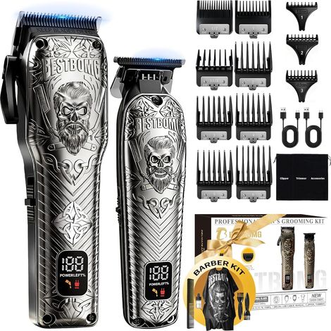 Tondeuse professionnelle sans fil pour hommes et kit de tonte barbe, coupe cheveux en métal avec longue durée vie la batterie usage familial par le barbier (Gris) Gris 2 PACK (1/5)