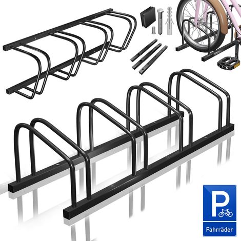 KESSER® Aparcabicicletas incl. señal de aparcamiento  Soporte múltiple con 37 cm de distancia entre ejes para neumáticos de 30-65 mm de ancho  Soporte de pie para bicicletas  Negro / 4 bicicletas