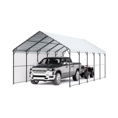 Abri de voiture en métal robuste, 4 x 8 m, abri de garage extérieur avec cadre et toit en acier galvanisé, auvent pour voiture multi-usage avec parois latérales amovibles, pour pick-up, bateau (1/3)
