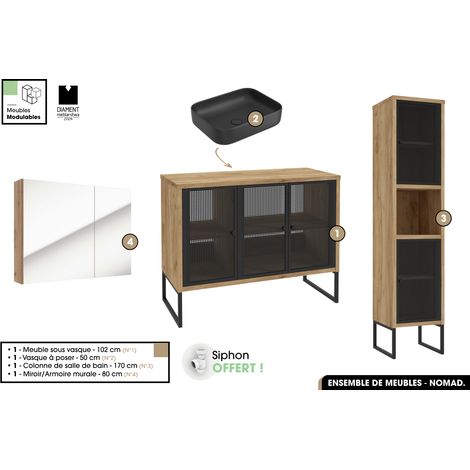 Ensemble complet de salle de bain - Meuble - Colonne - Miroir - Vasque avec Siphon OFFERT NOMAD OAK 102 x 80 x 43 cm (1/5)