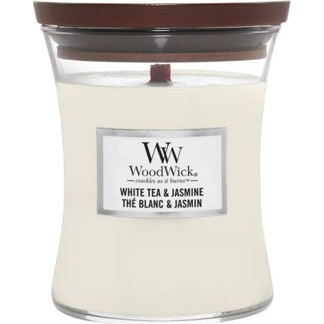 Vela WoodWick blanca de té y jazmín, 275 g (1/4)