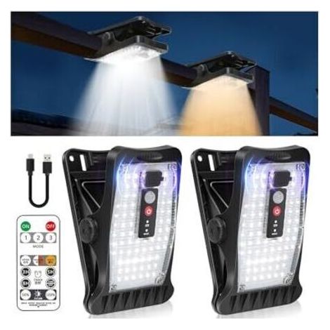 BUNTHAUS Lampes solaires d'extérieur, lot de 2 à pince avec détecteur de mouvement, 70 LED et 3 températures de couleur, alimentation USB et télécommande, pour l'éclairage du jardin, de la clôture et (1/5)