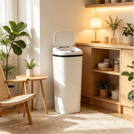 Papelera de cocina automática con sensor, 50 L, acero inoxidable y ABS, blanca DESVIAE (1/5)