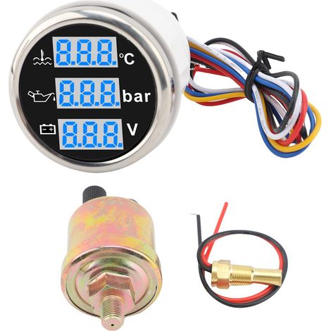 Öldruck- und Wassertemperatur-Voltmeter für Boote, 52-mm-Multifunktions-Digitalanzeige, wasserdicht nach IP67, Dreifach-Instrumentensatz, schwarzes Gehäuse, silberner Rahmen