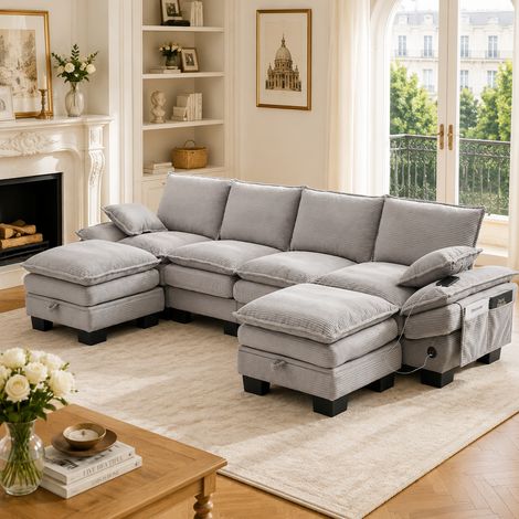 Canapé modulable 4 places en velours côtelé avec 2 poufs – assise large, ergonomique, mousse haute densité, USB-C, poches latérales – gris clair (1/4)