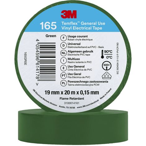 Ruban isolant 3M Temflex en Vinyle Vert 20m x 19mm x 0.152mm ( Prix pour 1 )
