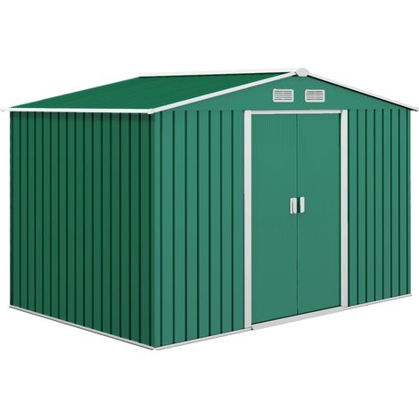 9 x 6ft Metal Garden Shed, Outdoor Storage Tool House with Ventilation Slots, Foundation Kit and Lockable Double Doors, Green