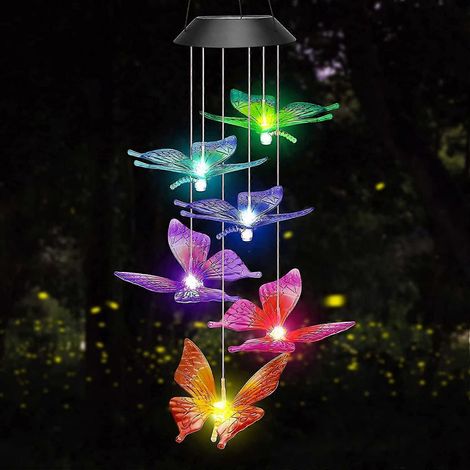 Carillon éolien d'extérieur pour Pâques, cadeau pour la fête des mères carillon solaire LED papillon, cadeau d'anniversaire, décoration de jardin pour balcon. (1/5)