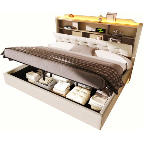 Letto matrimoniale imbottito 180x200 cm beige con LED, contenitore idraulico, testiera con USB e Tipo-C, vano portaoggetti e design sospeso  CHICFURN (1/5)
