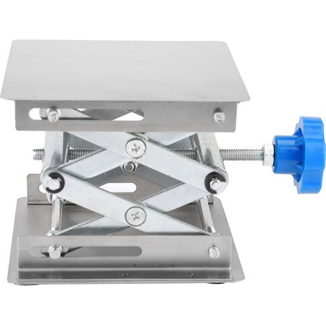 Plateforme élévatrice en acier inoxydable pour laboratoires, support à ciseaux 100 x 100 x 160 mm (poignée bleue) (1/5)