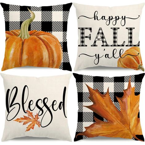 Fundas de cojín otoñales de 45x45 cm, decoración campestre para Acción de Gracias, estampado de tartán, calabaza y hoja de arce, para uso exterior, juego de 4. (1/5)