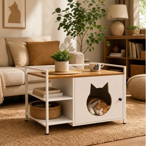 Meuble litière pour chat avec étagère et rangement, MDF et métal, blanc et bois clair (1/5)