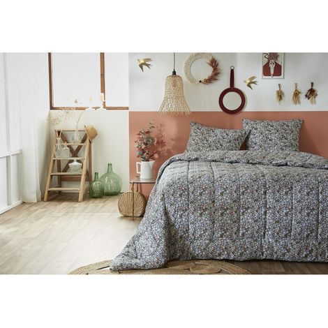 Couette imprimée réversible 140 x 200 cm + 1 taie d'oreiller 60 x 60 cm coton imprimé Malia (1/4)
