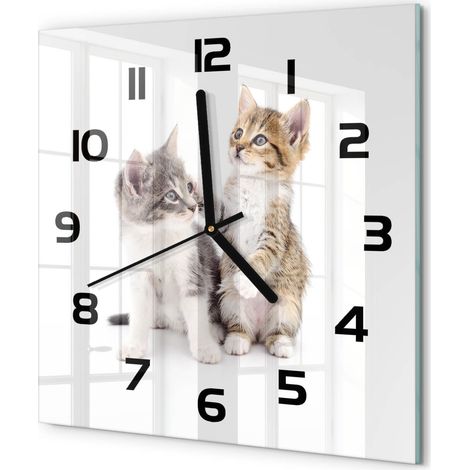 Horloge Murale Carrée à Quartz en Verre Trempé Silencieuse Sans Tic-Tac Deux petits chats 30x30 cm (1/5)