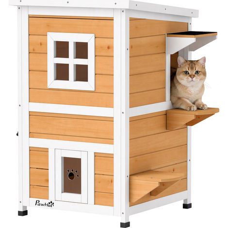 PawHut caseta para gatos de madera exterior, casa para gatos de 2 niveles con techo abatible, panel central extraíble, 51x51x81,3 cm, natural y blanco (1/5)