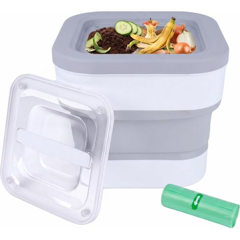 Composteur de Cuisine 15L Pliable – Poubelle Compost avec Couvercle Hermétique, Seau à Compost Rétractable pour Plan de Travail, Inclut 20 Sacs en ordures (1/5)