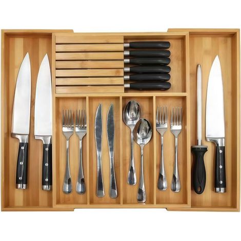 Tiroir à couverts extensible - Plateau à couverts - Organisateur de tiroir - Tiroir de cuisine - Avec porte-couteaux - Boîte de rangement multifonctionnelle - 32,5–52 cm - Bambou - Couleur bois nature (1/5)