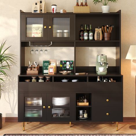 Buffet haut noir 145 x 39 x 171 cm avec portes vitrées et range-bouteilles HAVRYA (1/5)