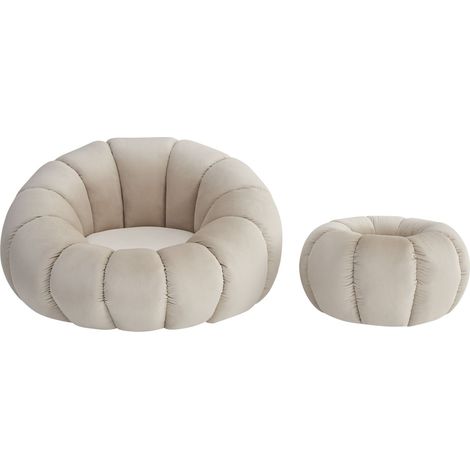 Ensemble fauteuil rond pivotant et pouf velours beige PERLE (1/5)